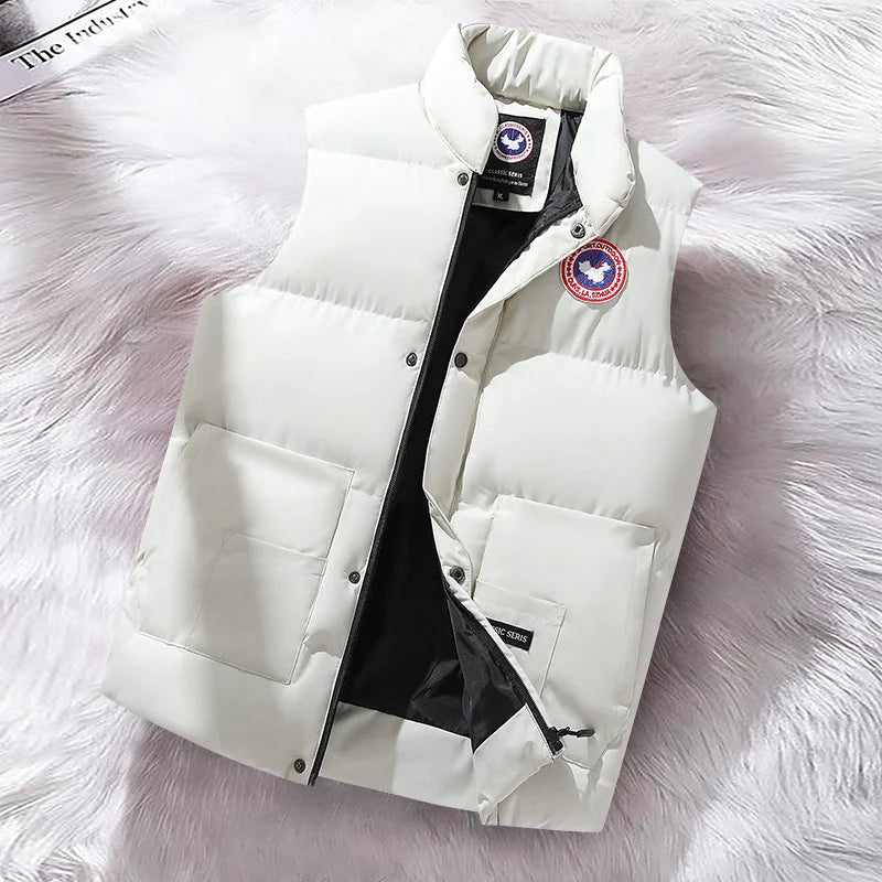 White Men's Padded Vest with Stand Collar & Cargo Pockets — Nathan