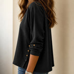Black Women's Relaxed-Fit Linen Blend Top with Side-Button Detail — Dora