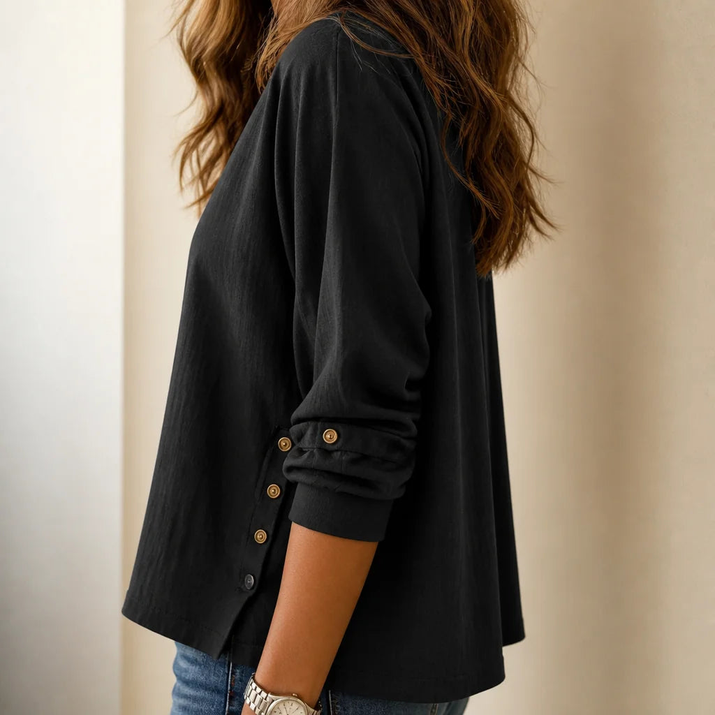 Black Women's Relaxed-Fit Linen Blend Top with Side-Button Detail — Dora