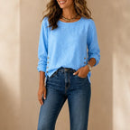 Blue Women's Relaxed-Fit Linen Blend Top with Side-Button Detail