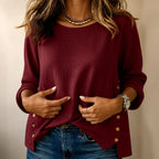 Burgundy Women's Relaxed-Fit Linen Blend Top with Side-Button Detail — Dora