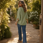 Green Women's Relaxed-Fit Linen Blend Top with Side-Button Detail — Dora - Back Full Outdoor