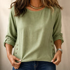 Women's Relaxed-Fit Linen Blend Top with Side-Button Detail - Front Close Torso
