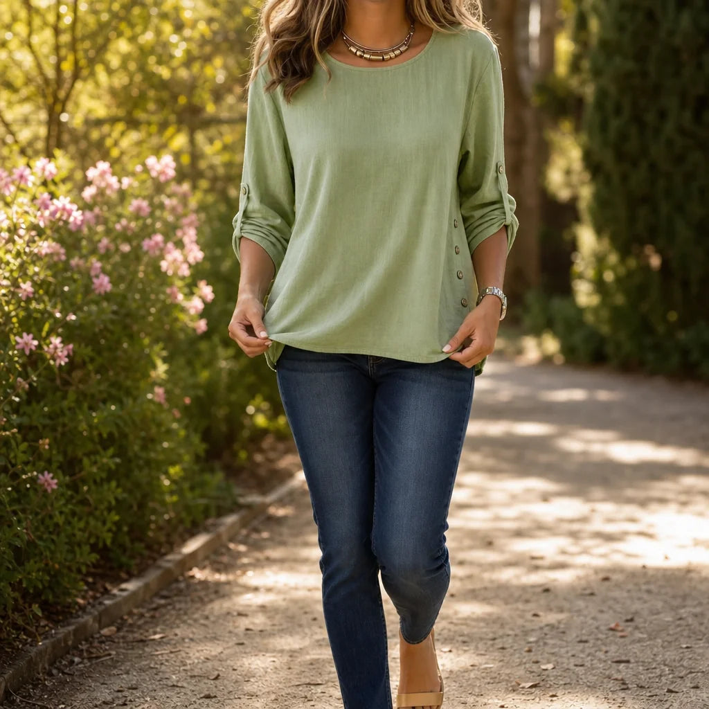 Green Women's Relaxed-Fit Linen Blend Top with Side-Button Detail — Dora - Front Walking Garden