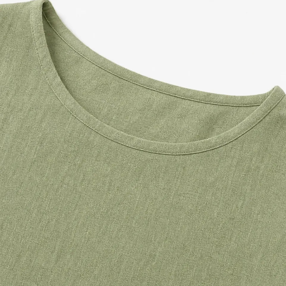 Green Women's Relaxed-Fit Linen Blend Top with Side-Button Detail — Dora - Neckline Detail
