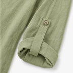 Green Women's Relaxed-Fit Linen Blend Top with Side-Button Detail — Dora - Sleeve Tab Detail
