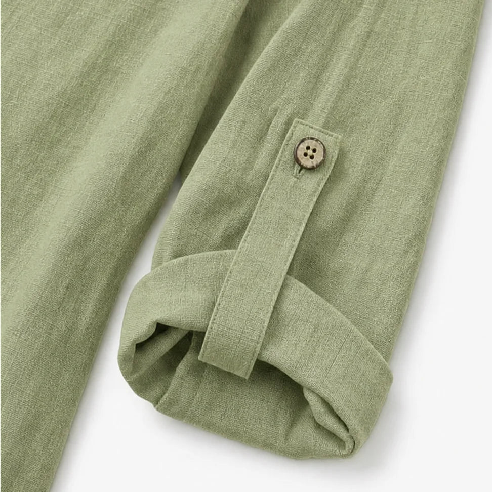 Green Women's Relaxed-Fit Linen Blend Top with Side-Button Detail — Dora - Sleeve Tab Detail