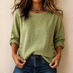 Green Women's Relaxed-Fit Linen Blend Top with Side-Button Detail — Dora