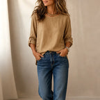 Khaki Women's Relaxed-Fit Linen Blend Top with Side-Button Detail — Dora - Front Studio
