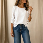 White Women's Relaxed-Fit Linen Blend Top with Side-Button Detail — Dora - Front Studio
