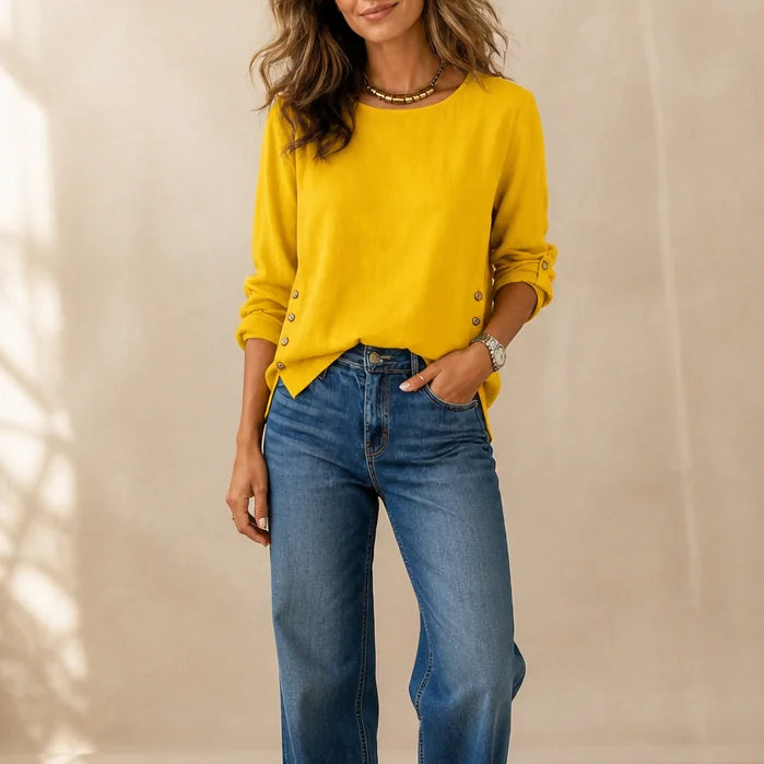 Yellow Women's Relaxed-Fit Linen Blend Top with Side-Button Detail — Dora