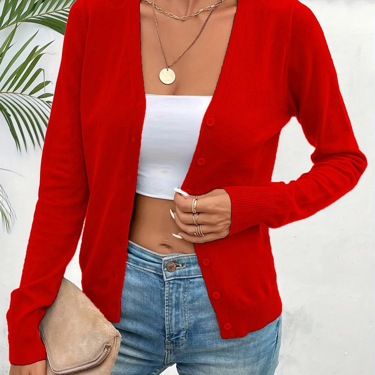 Red Women's V-Neck Ribbed Cardigan with Button-Front Closure