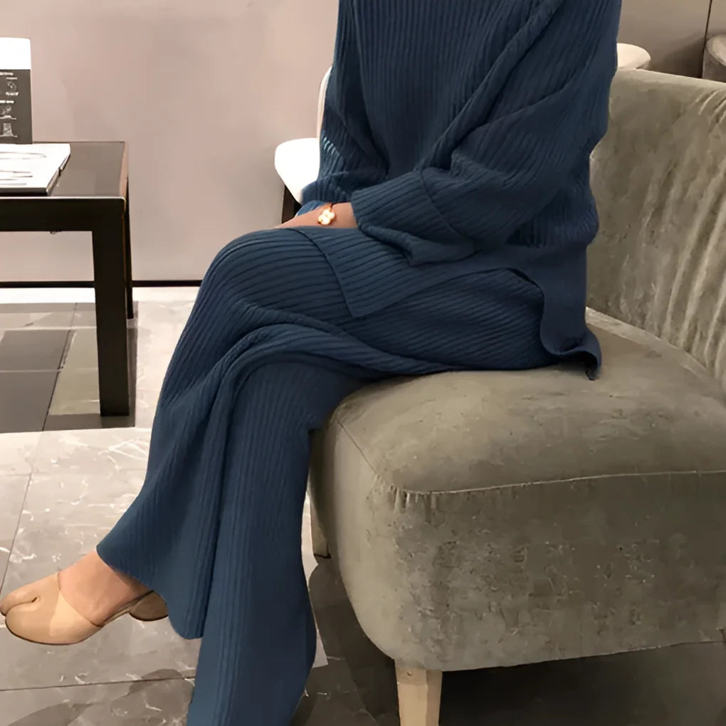 Blue Women's Knit Co-Ord Set with Relaxed Sweater & Straight-Leg Trousers — Megan