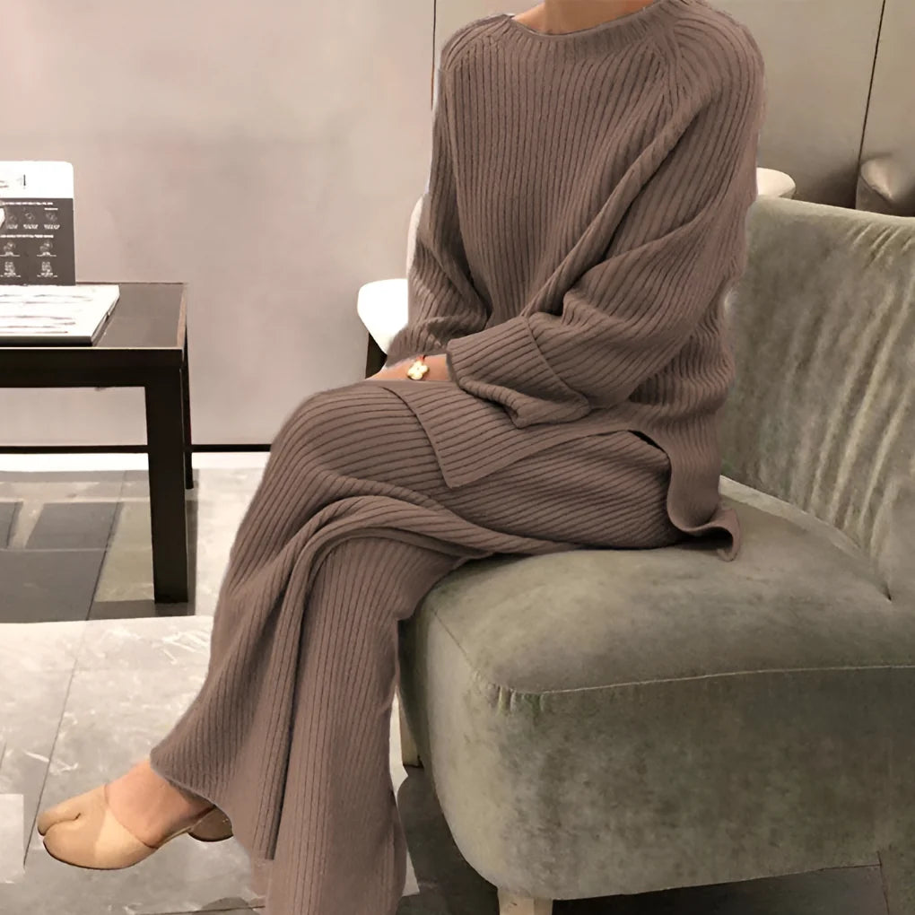 Brown Women's Knit Co-Ord Set with Relaxed Sweater & Straight-Leg Trousers — Megan