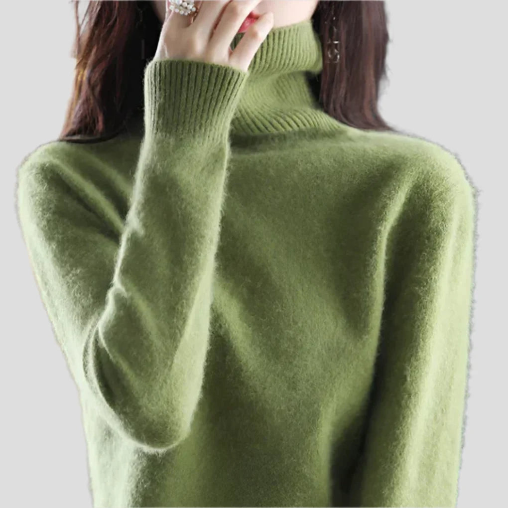 Avocado Green Women's Ribbed Turtleneck Sweater with Fitted Roll Neck & Long Sleeves