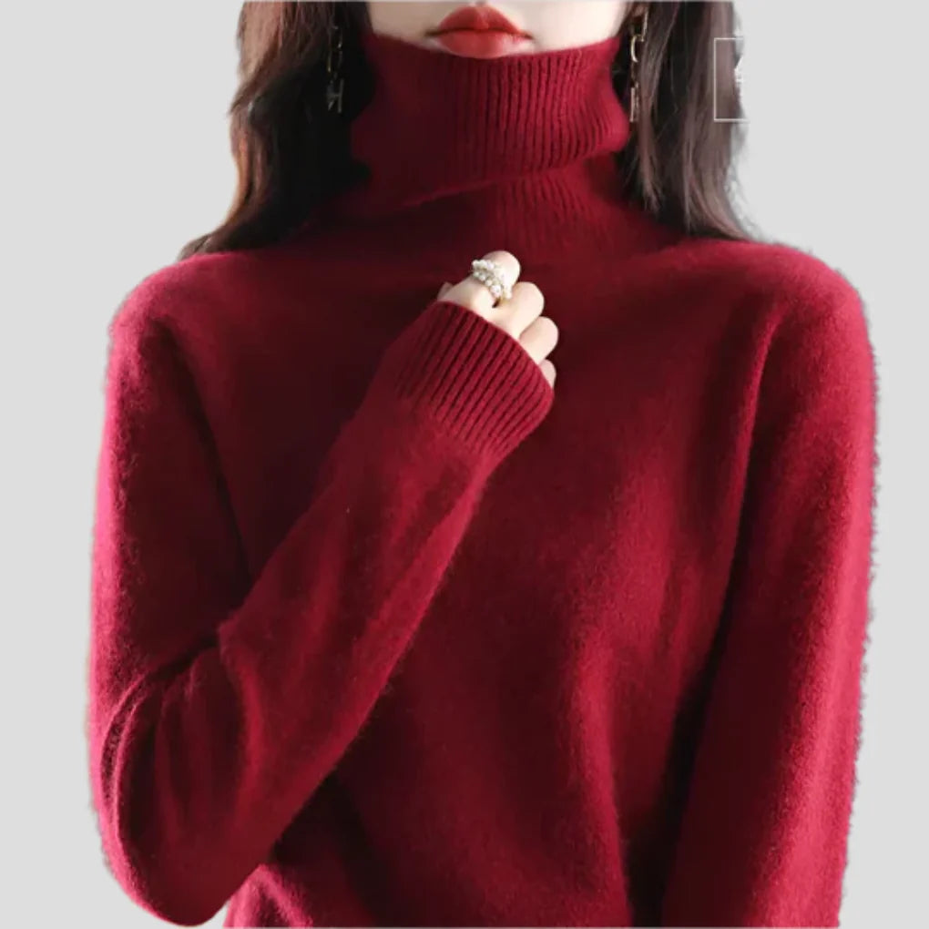 Rust Red Women's Ribbed Turtleneck Sweater with Fitted Roll Neck & Long Sleeves - Chest Hand