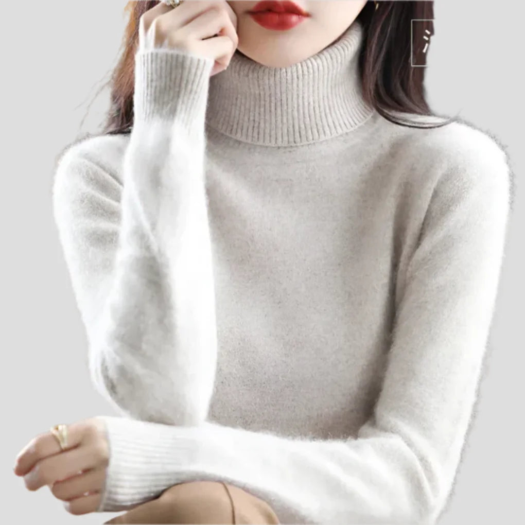 Light Brown Women's Ribbed Turtleneck Sweater with Fitted Roll Neck & Long Sleeves - Cheek Touch