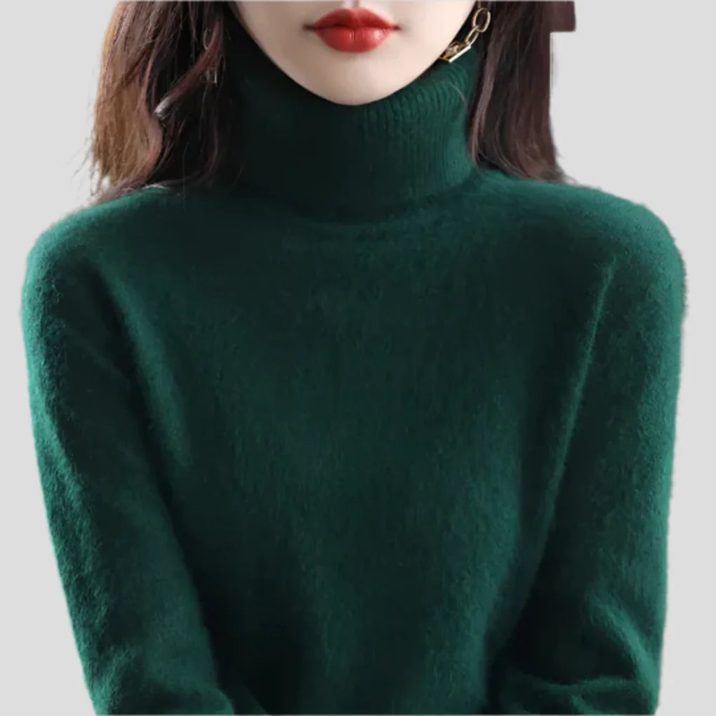 Dark Green Women's Ribbed Turtleneck Sweater with Fitted Roll Neck & Long Sleeves - Front Close