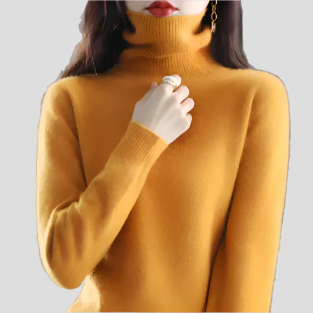 Ginger Yellow Women's Ribbed Turtleneck Sweater with Fitted Roll Neck & Long Sleeves - Ring Hand Chest