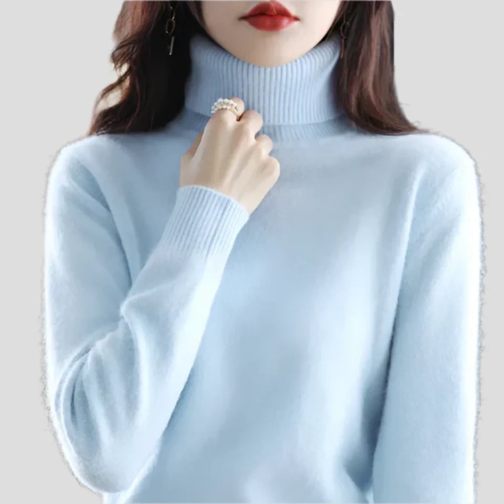 Light Blue Women's Ribbed Turtleneck Sweater with Fitted Roll Neck & Long Sleeves - Collar Grip
