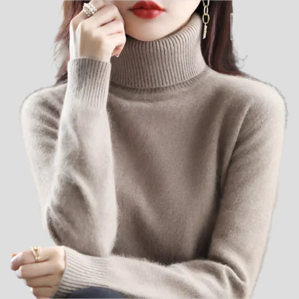 Camel Women's Ribbed Turtleneck Sweater with Fitted Roll Neck & Long Sleeves - Cheek Rest