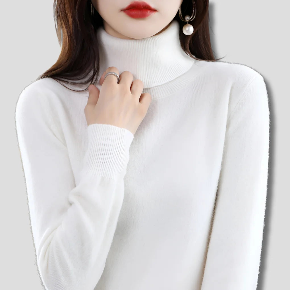 Rice Camel Women's Ribbed Turtleneck Sweater with Fitted Roll Neck & Long Sleeves - Collar Adjust White