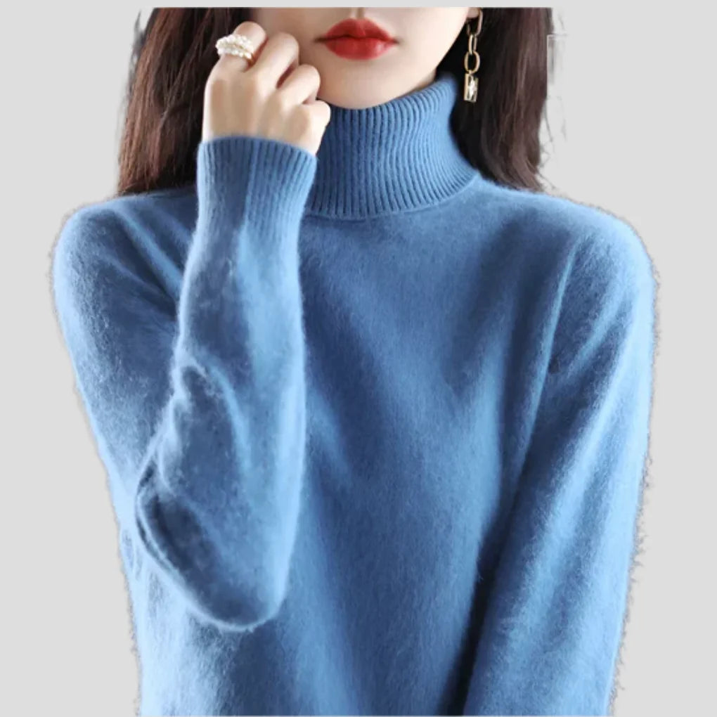 Mist Blue Women's Ribbed Turtleneck Sweater with Fitted Roll Neck & Long Sleeves - Chin Hand