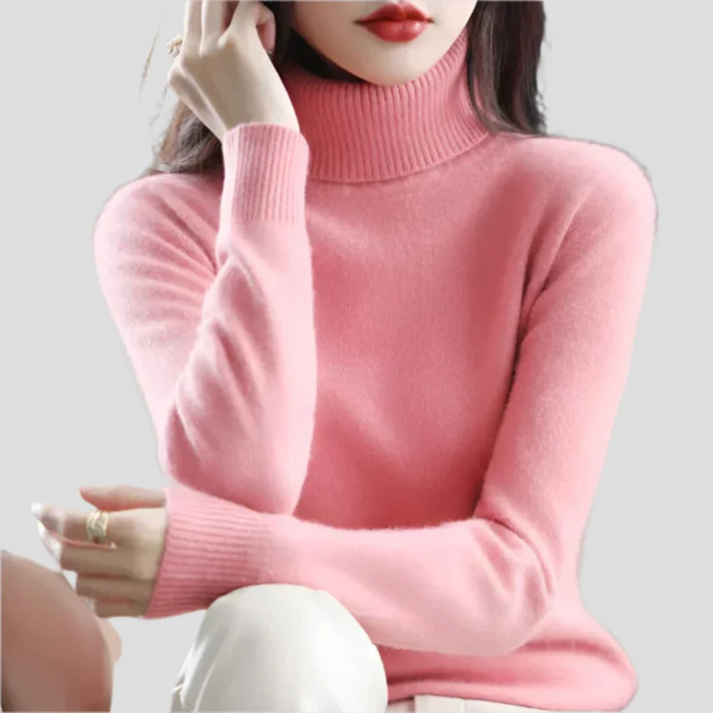 Pink Women's Ribbed Turtleneck Sweater with Fitted Roll Neck & Long Sleeves - Seated Face Touch