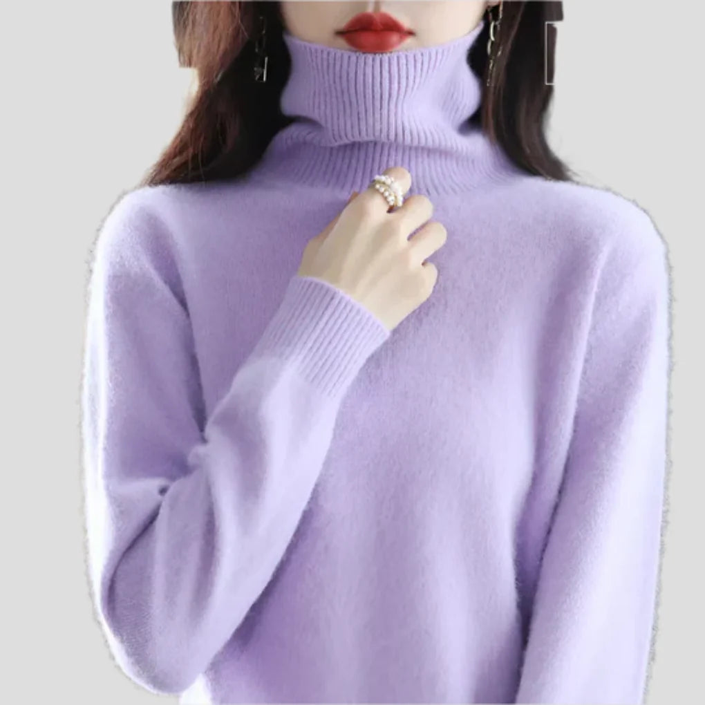 Purple Women's Ribbed Turtleneck Sweater with Fitted Roll Neck & Long Sleeves - Collar Touch Light