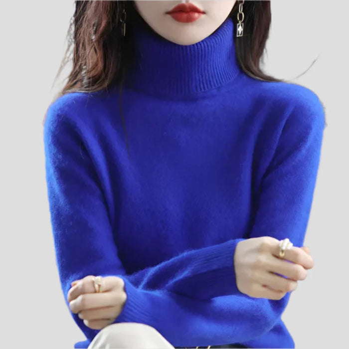 Royal Blue Women's Ribbed Turtleneck Sweater with Fitted Roll Neck & Long Sleeves - Front Crossed Arms