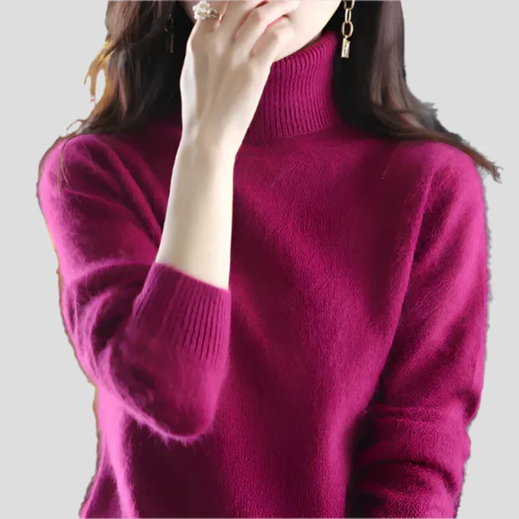 Burgundy Women's Ribbed Turtleneck Sweater with Fitted Roll Neck & Long Sleeves - Red Mouth Touch