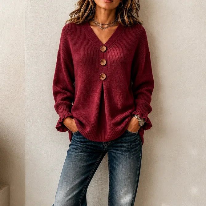 Burgundy Women's Ribbed V-Neck Sweater with Button Front & Ruffle Cuffs