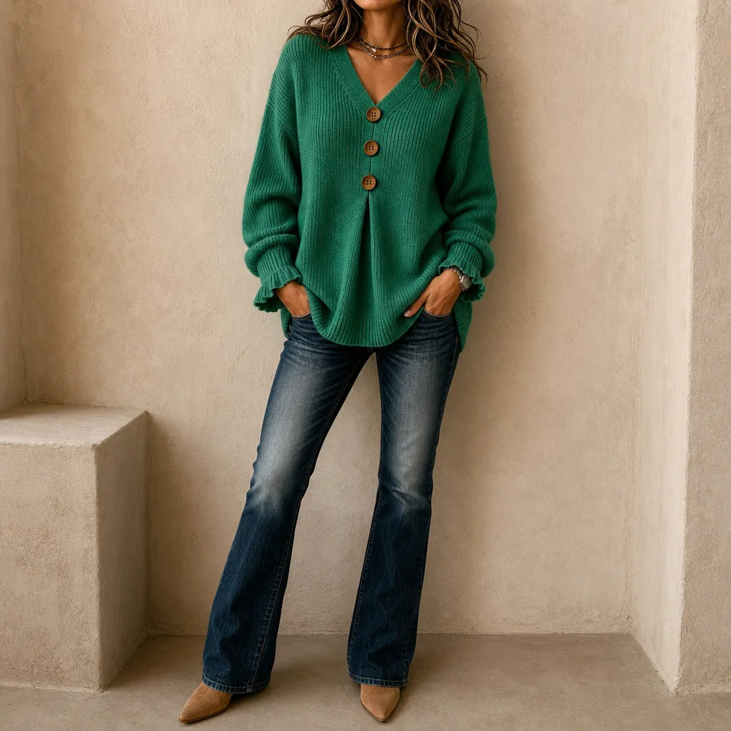 Green Women's Ribbed V-Neck Sweater with Button Front & Ruffle Cuffs - Front Full