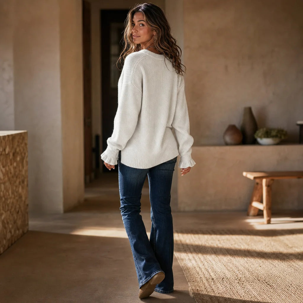Women's Ribbed V-Neck Sweater with Button Front & Ruffle Cuffs - Back Walking