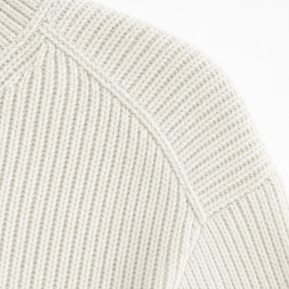Women's Ribbed V-Neck Sweater with Button Front & Ruffle Cuffs - Shoulder Seam Detail