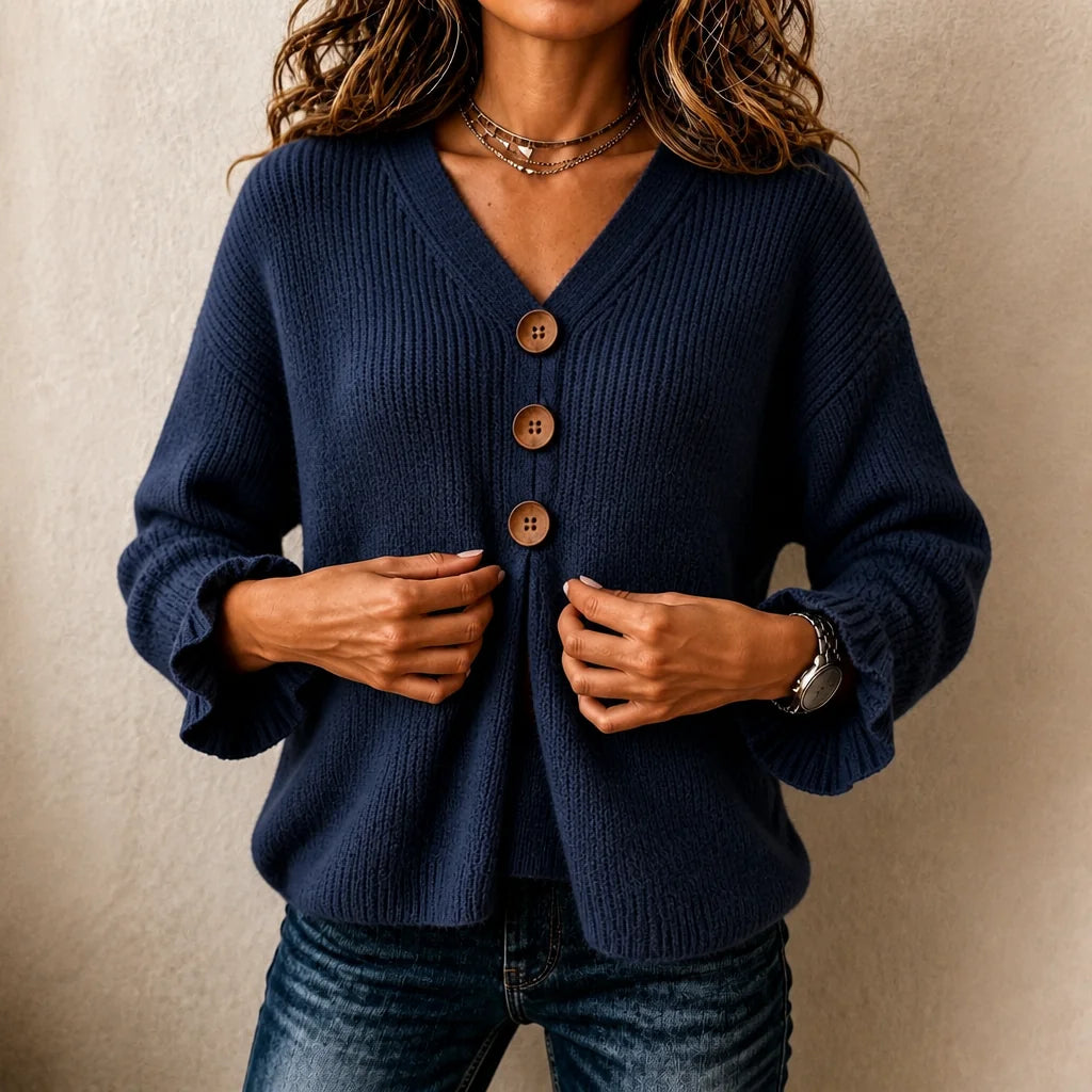 Navy Blue Women's Ribbed V-Neck Sweater with Button Front & Ruffle Cuffs