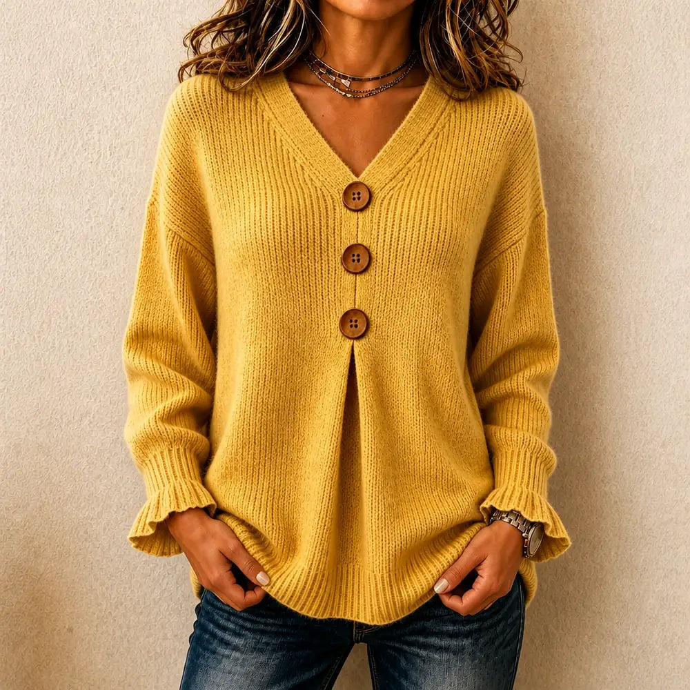 Yellow Women's Ribbed V-Neck Sweater with Button Front & Ruffle Cuffs