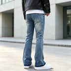 Blue Men's Ripped Jeans with Slim-Fit Flare & Raw Hem Detail - Back Full