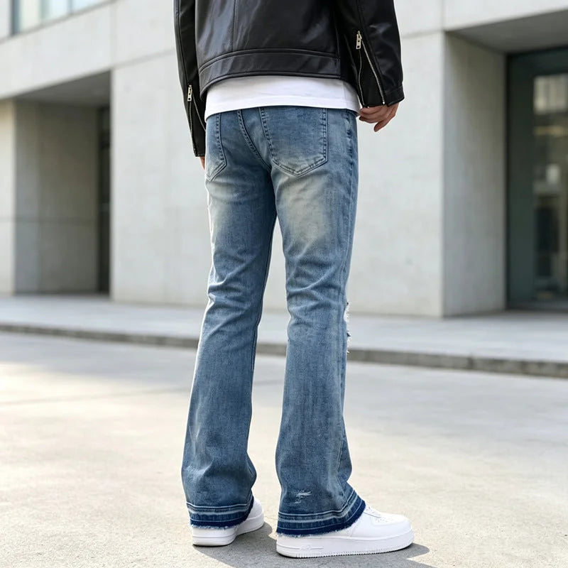Blue Men's Ripped Jeans with Slim-Fit Flare & Raw Hem Detail - Back Full