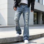 Blue Men's Ripped Jeans with Slim-Fit Flare & Raw Hem Detail - Front Close