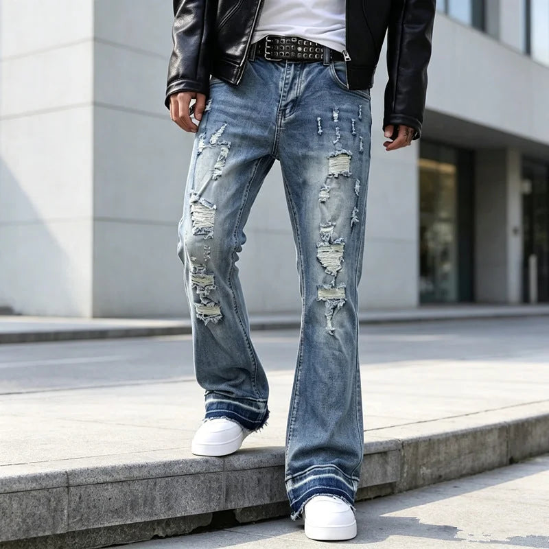 Blue Men's Ripped Jeans with Slim-Fit Flare & Raw Hem Detail - Front Close