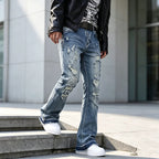 Blue Men's Ripped Jeans with Slim-Fit Flare & Raw Hem Detail - Front Full Steps