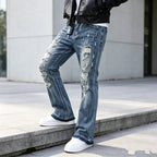 Blue Men's Ripped Jeans with Slim-Fit Flare & Raw Hem Detail