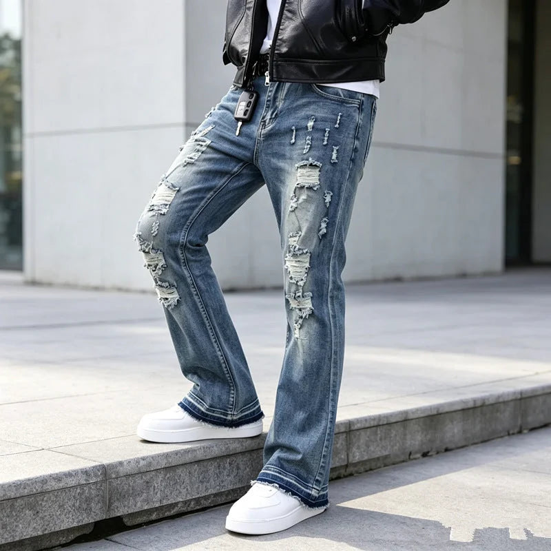 Blue Men's Ripped Jeans with Slim-Fit Flare & Raw Hem Detail