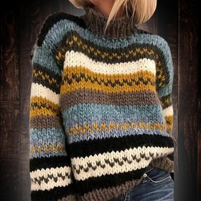 Brown Women's Turtleneck Knit Sweater with Long Sleeves & Striped Pattern