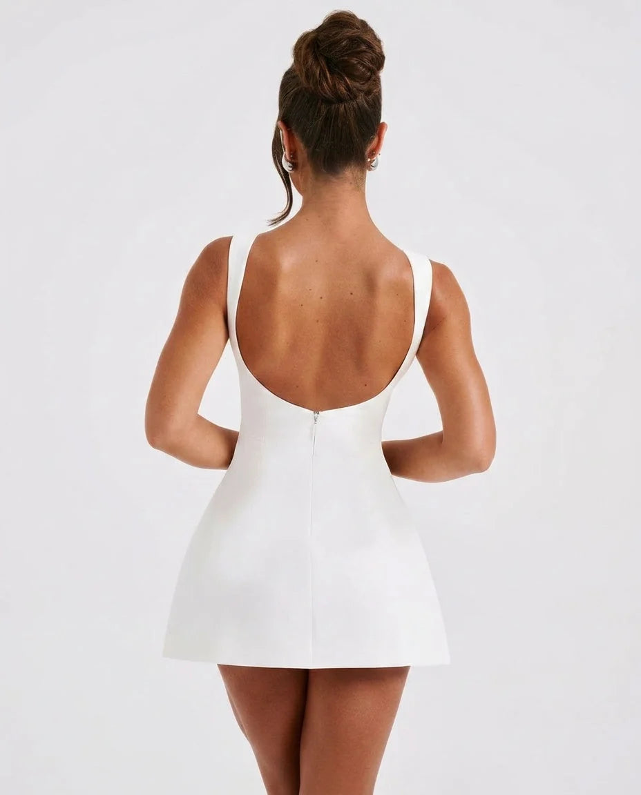 Women's Ruched Mini Dress with Low Back & Boat Neckline - Back Full