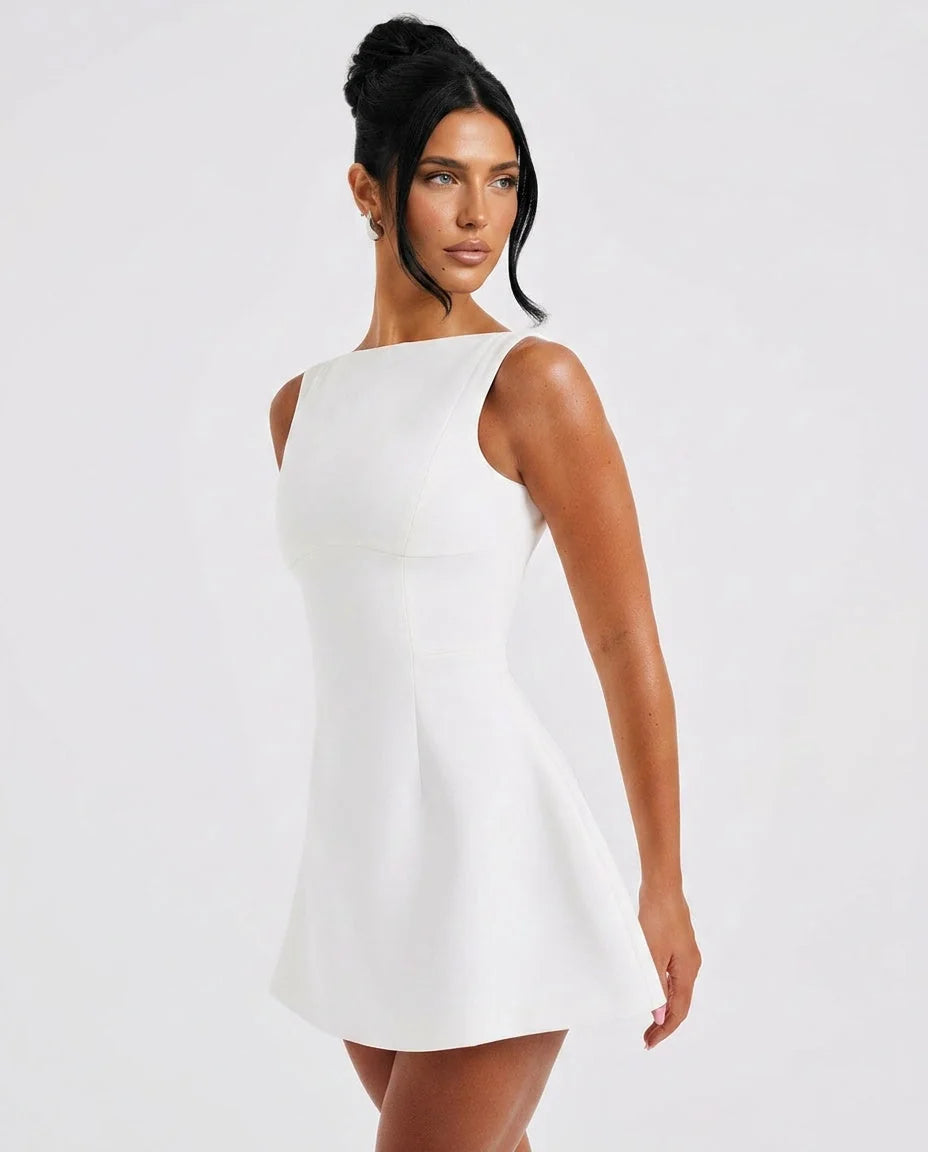 Women's Ruched Mini Dress with Low Back & Boat Neckline - Side Angle