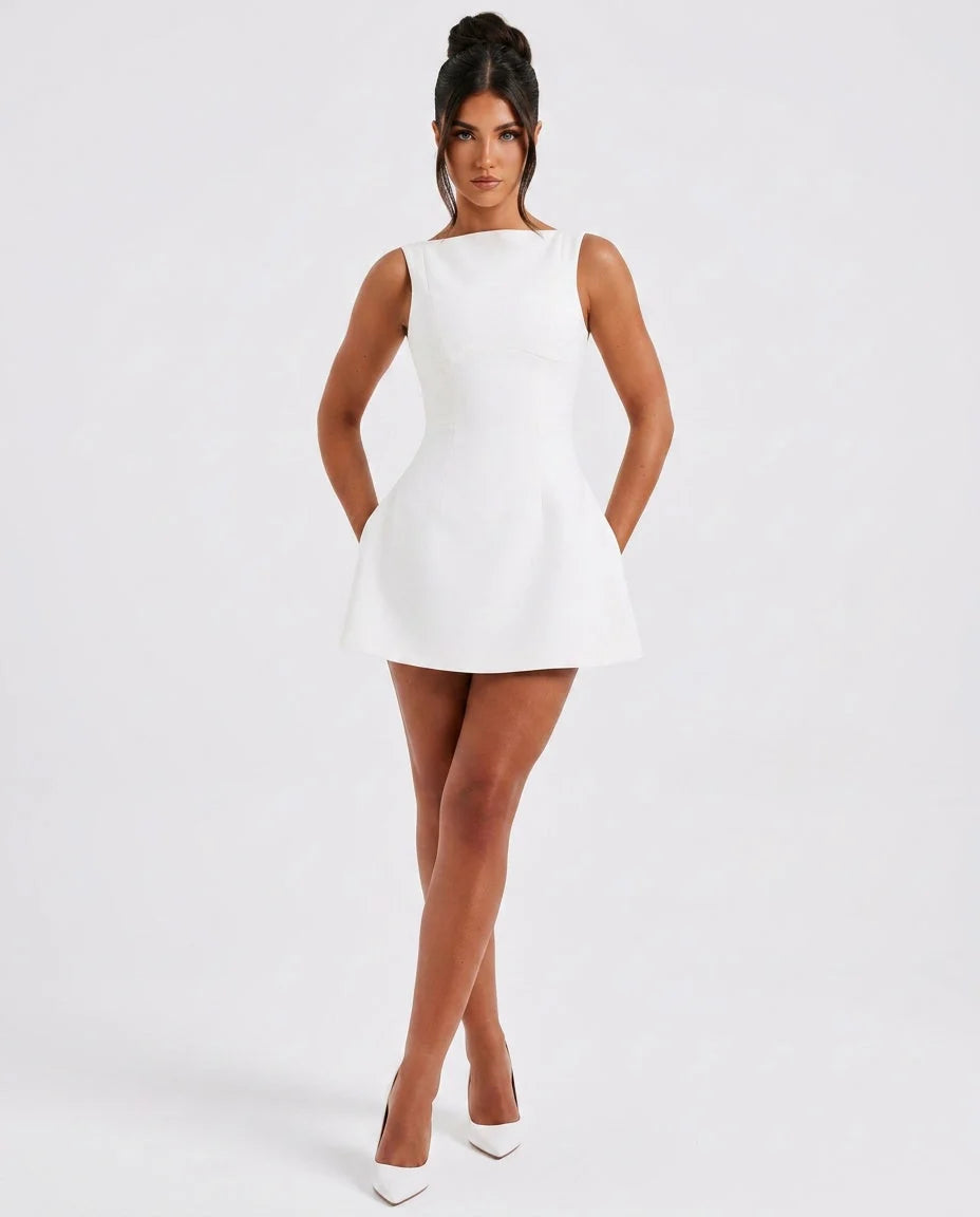 White Women's Ruched Mini Dress with Low Back & Boat Neckline