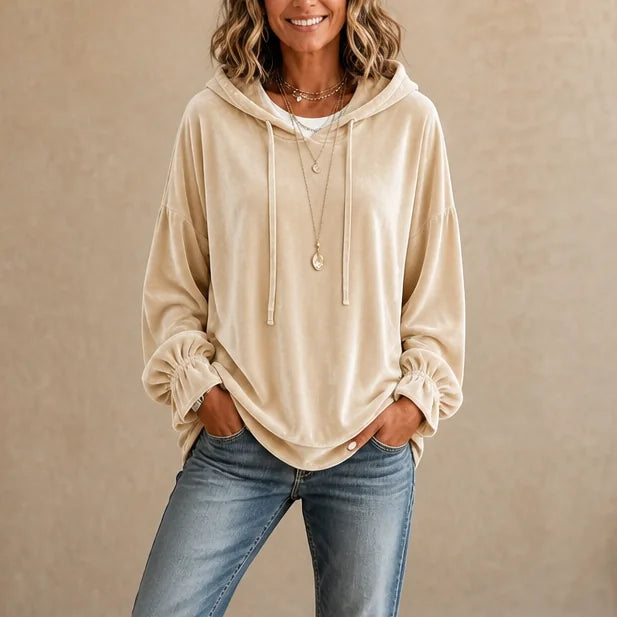 Apricot Women's Velvet Hoodie with Ruffle Cuffs & Drawstring Hood