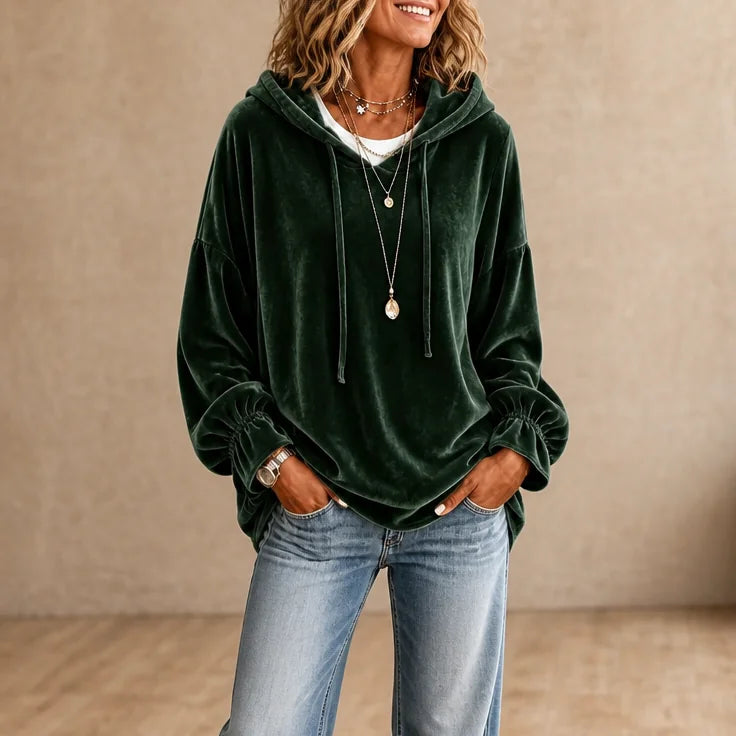 Green Women's Velvet Hoodie with Ruffle Cuffs & Drawstring Hood